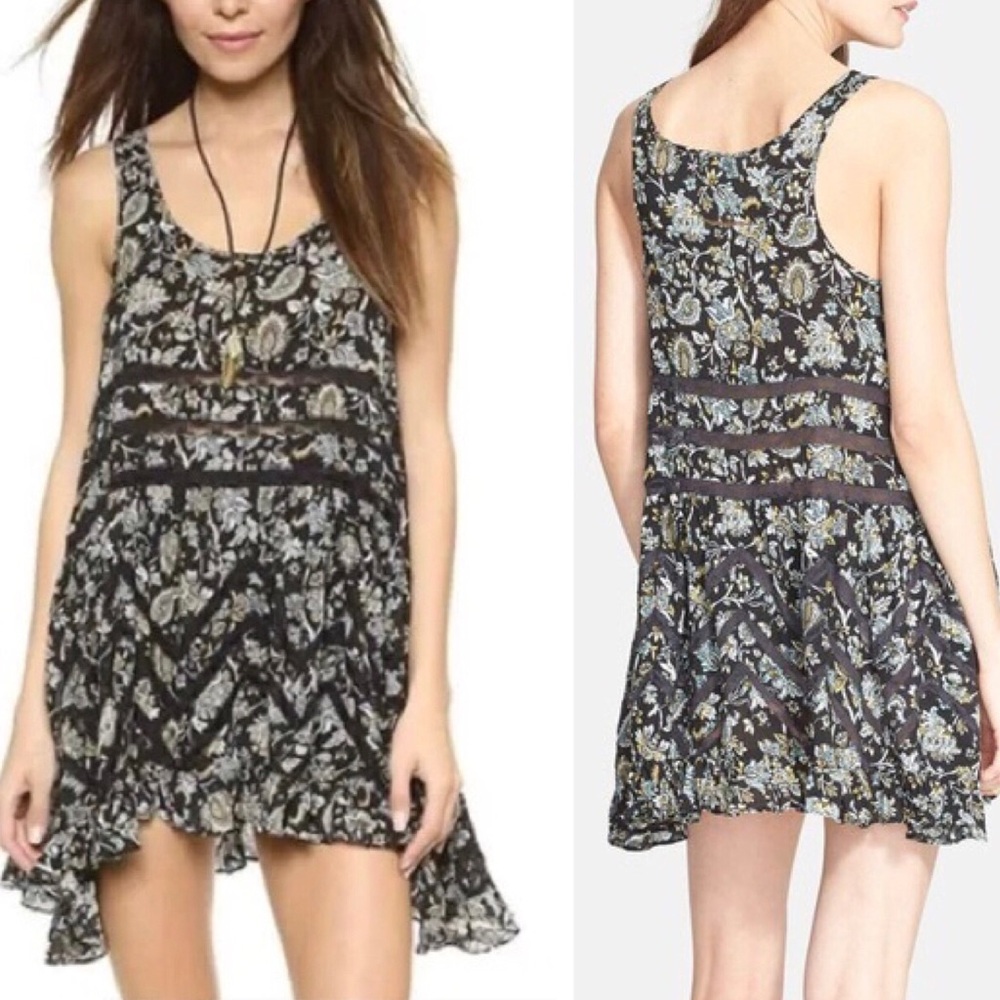Free People Trapeze Paisley Floral Chevron Lace Black Sleeveless Swing Dress M